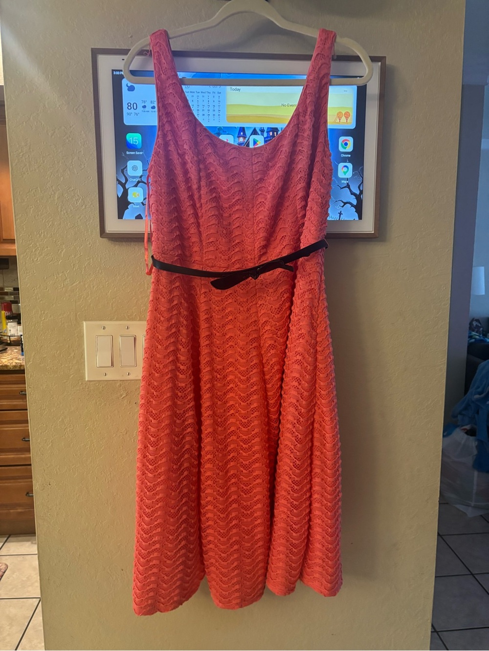 Carmen Marc Valvo Coral Lace Fit-and-Flare Dress with Black Waist Accent